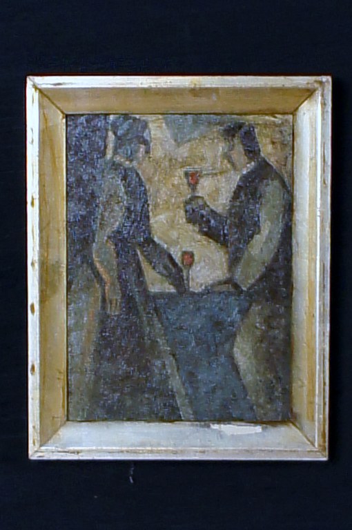 Oil on board, couple in interior, app. 1930s. Unknown artist, unsigned.