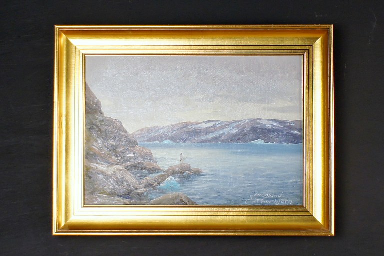 Evelyn Thorbjørn (1911-85)
Scene from Greenland with hunter in the fjord.
Oil on canvas.