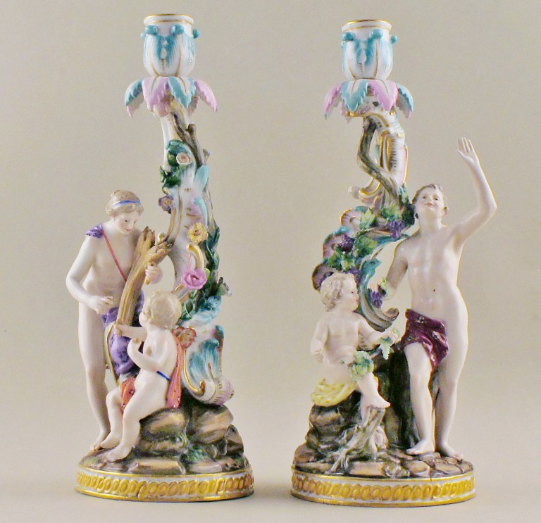 Meissen, pair of antique candlesticks.