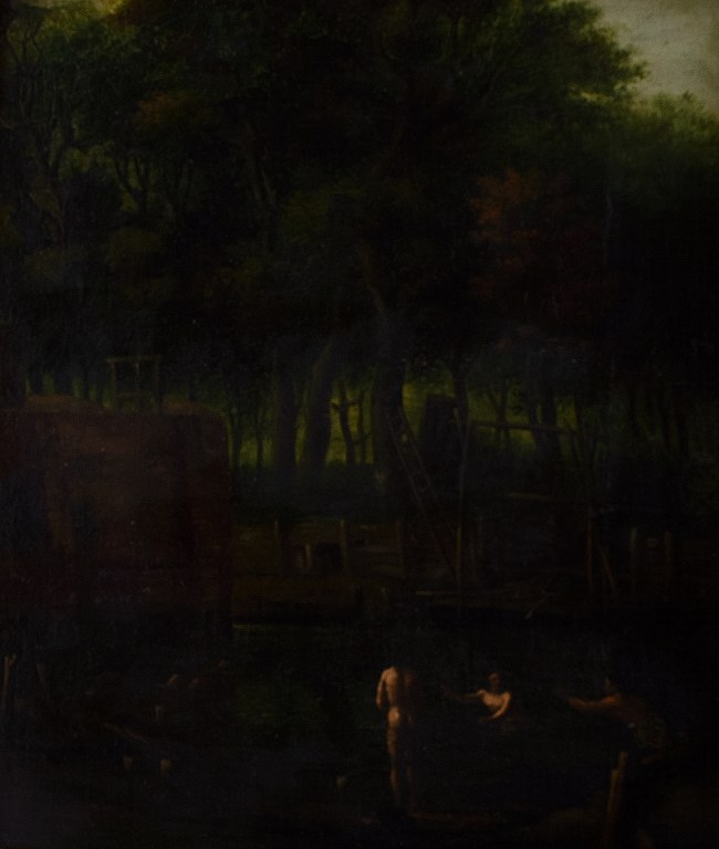 Albert Edouard MOERMAN (1808-1856) Olie på lærred.
Nøgenbadere i landskab.