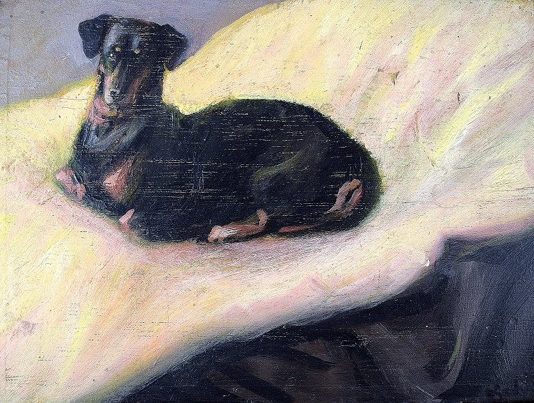 Johan Leksell, svensk kunstner, portræt af gravhund.
