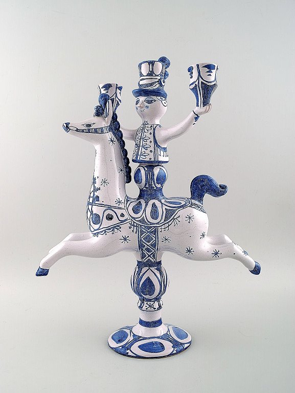 Bjørn Wiinblad large ceramic figure from the blue house.
Figure / candlestick, rider on horseback with space for three lights.
Decoration number L5.