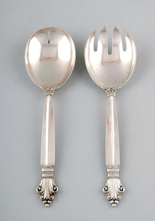 Georg Jensen "Acanthus" serving spoon and fork in whole Sterling silver.