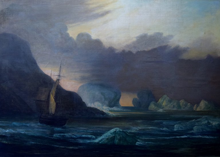 Frederik Theodor Kloss b. Braunschweig 1802, d. Copenhagen 1876:
A sailing ship near the coast, by a water filled with icebergs. Probably 
Husavik, Iceland. Oil on canvas.