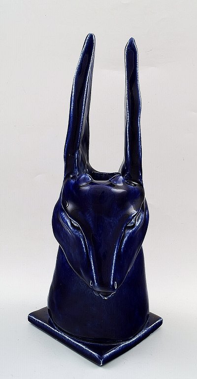 Scandinavian pottery, antelope, ceramic vase / sculpture with dark blue glaze.