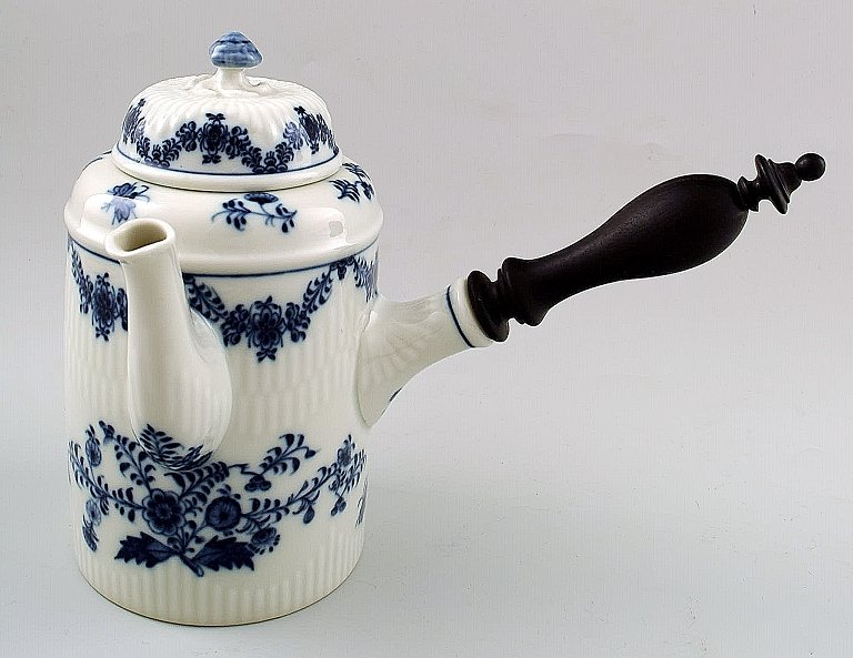 Royal Copenhagen blue fluted chocolate jug, stamped with Juliane Marie mark, No. 
1/7136.