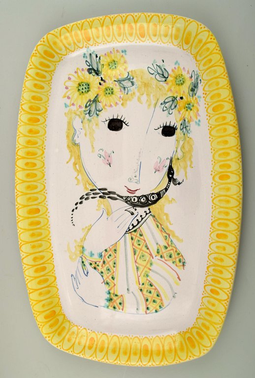 Bjørn Wiinblad: Rare and early unique large oblong yellow platter decorated with 
a woman with flowers in her hair, Bjørn Wiinblad 1950.