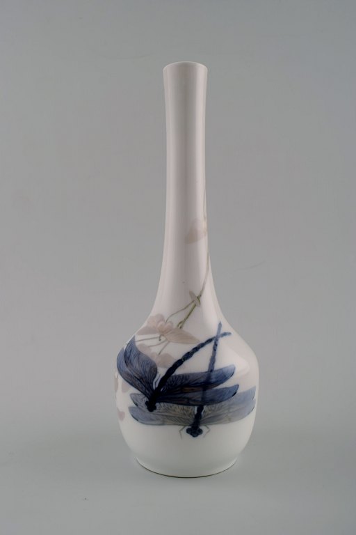 Royal Copenhagen Art Nouveau vase with narrow neck, decorated with dragonfly.
