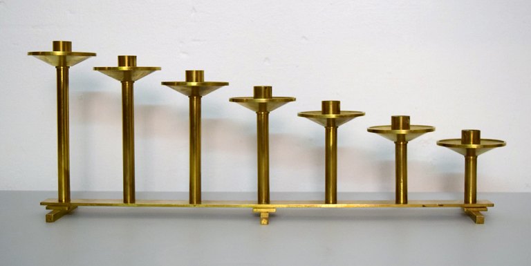 Erik Höglund for Kosta Boda large floor candlestick in brass for seven light.