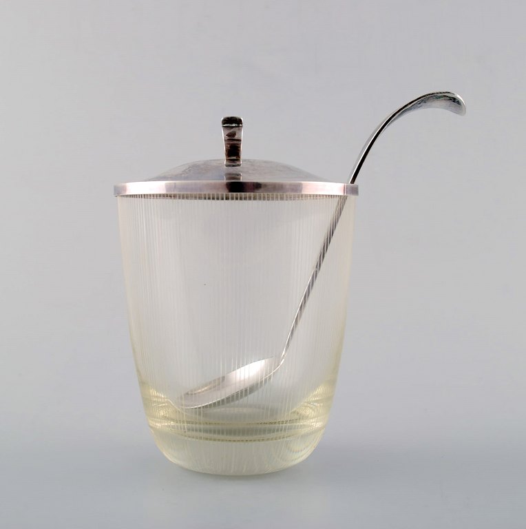 E. Dragsted, Danish silversmith. Marmalade jar of art glass with lid and spoon 
of sterling silver.