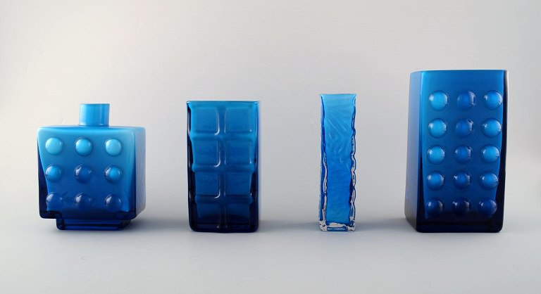 Collection of Swedish art glass, 4 turquoise vases in modern design.
