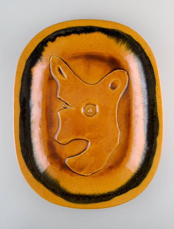 Jens Birkemose, well listed Danish artist, large dish, glazed pottery, "my head 
on a platter 1,000 times".