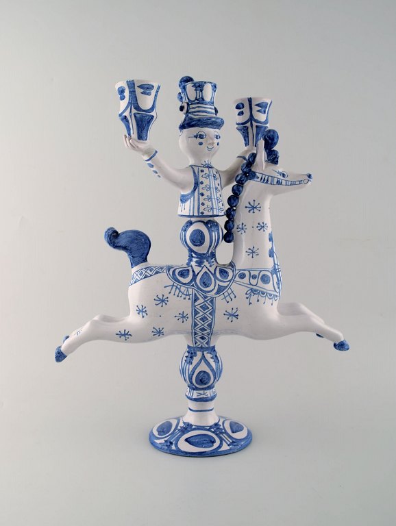 Bjørn Wiinblad large ceramic figure from the blue house.
Figure / candlestick, rider on horseback with space for three lights.