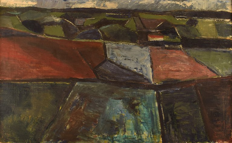 Jørgen Jakobsen. Danish painter. Modernist landscape with fields. Oil on canvas.
