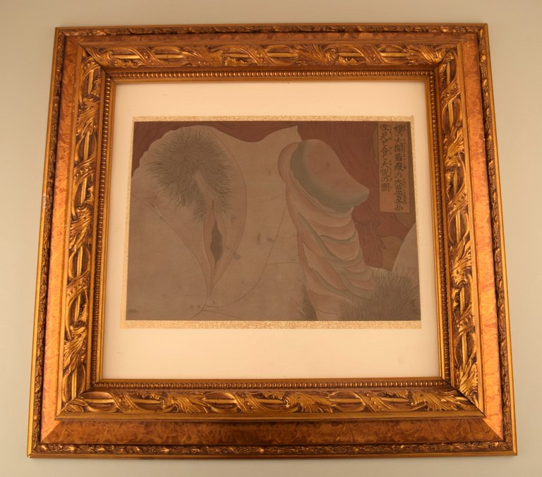 Erotic Japanese watercolor, Shunga. 20th century. Plexiglass.
