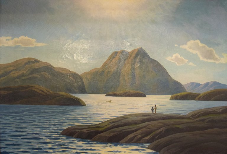 Emanuel A. Petersen (f. 1894, d. 1948). Upernavik, Grønland. Olie på lærred. 
Solnedgang over bugten.
