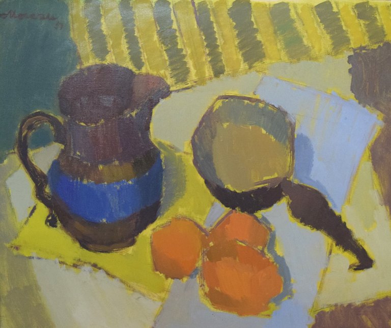 Nils Moreau, Swedish artist. Modernist still life with jug and oranges. Oil on 
canvas.
