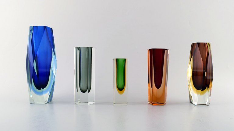 Collection of 5 "Sommerso" Murano vases in mouth blown art glass, 1960s.
