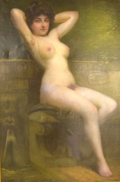 Rudolf Preuss, Austrian painter (b.1879, 1961). Oil on canvas. Seated young nude 
model. Dated 1899.