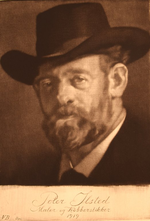 Gustav V. Blom (1853-1942). Portræt af Peter Ilsted. Dateret 1919. Prøvetryk.
