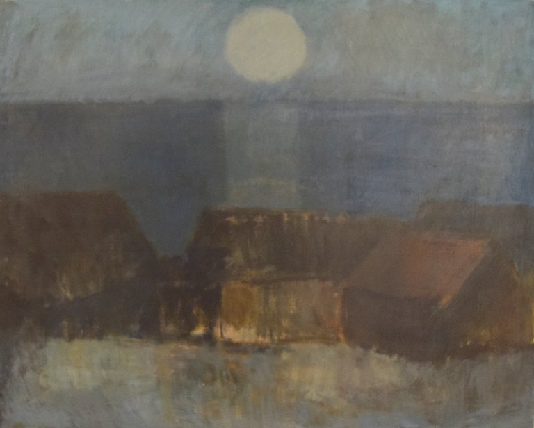 Per Damm (b.1929), Danish painter. Modernist landscape with houses and the sea. 
Dated 1962.