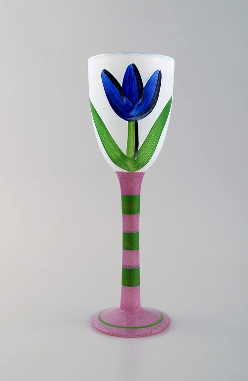 Ulrica Hydman Vallien for Kosta Boda. Hand painted wine glass in mouth blown art 
glass. 1980