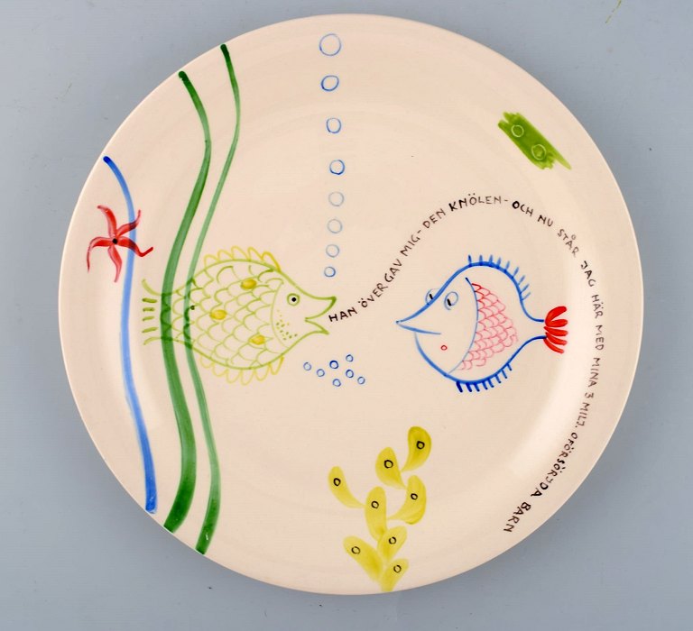 Stig Lindberg for Gustavsberg. "Löja" plate. Hand painted with fish motifs. 
1950