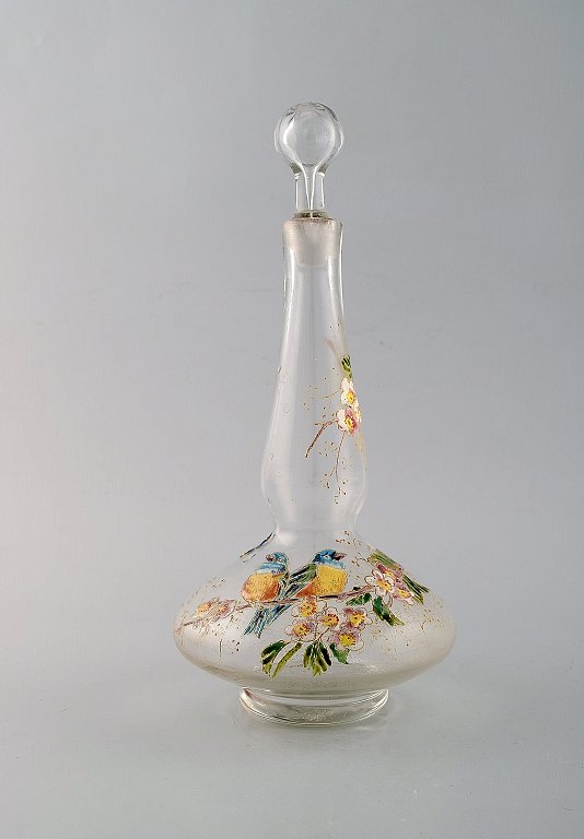 Legras, France. Carafe with hand painted enamel decoration
in mouth blown art glass. Birds and flowers. 1890