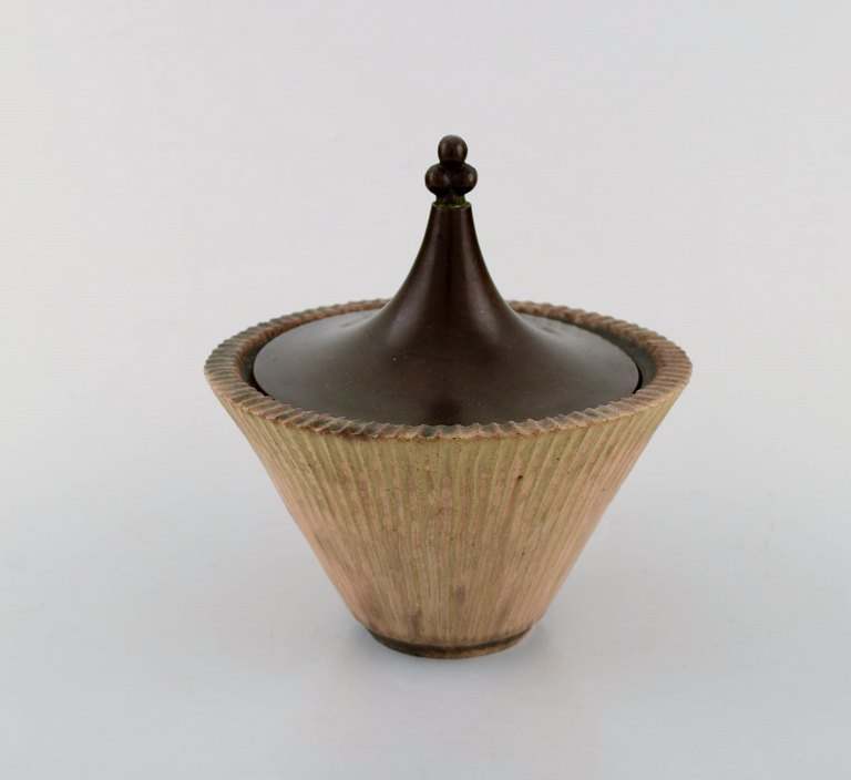 Arne Bang, Denmark. Glazed ceramic pot with bronze lid. Beautiful glaze in light 
earth tones. 1940