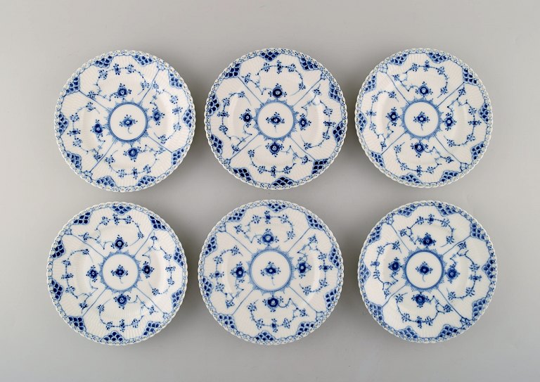 Six Royal Copenhagen Blue Fluted Full Lace plates in porcelain. Model Number 
1/1087.
