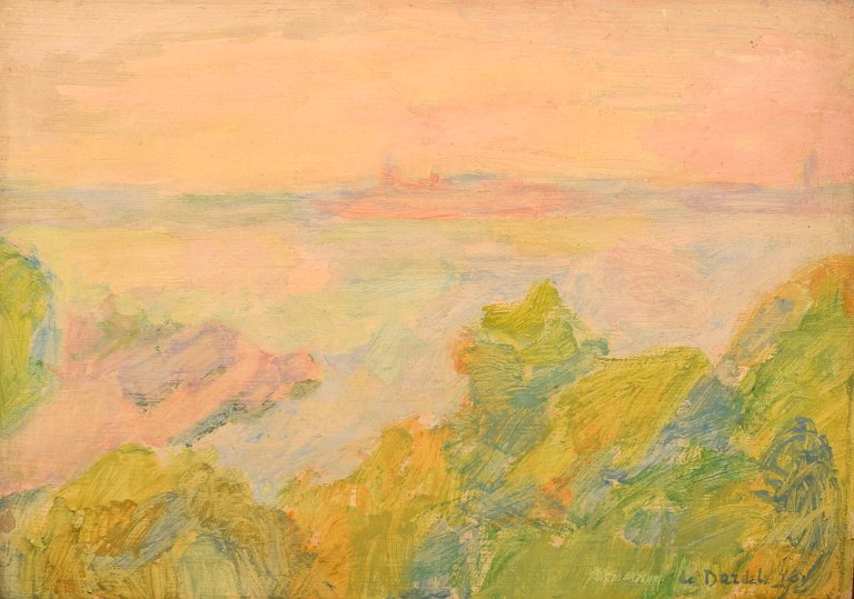 Simone de Dardel (1913-1996). Swiss / Swedish painter. Oil on board. View of 
Stockholm. Dated 1946.
