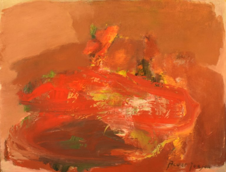 Alvar Jonson (1914-1985), svensk kunstmaler. Olie på lærred. Abstrakt landskab. 
"Röd afton". 1960