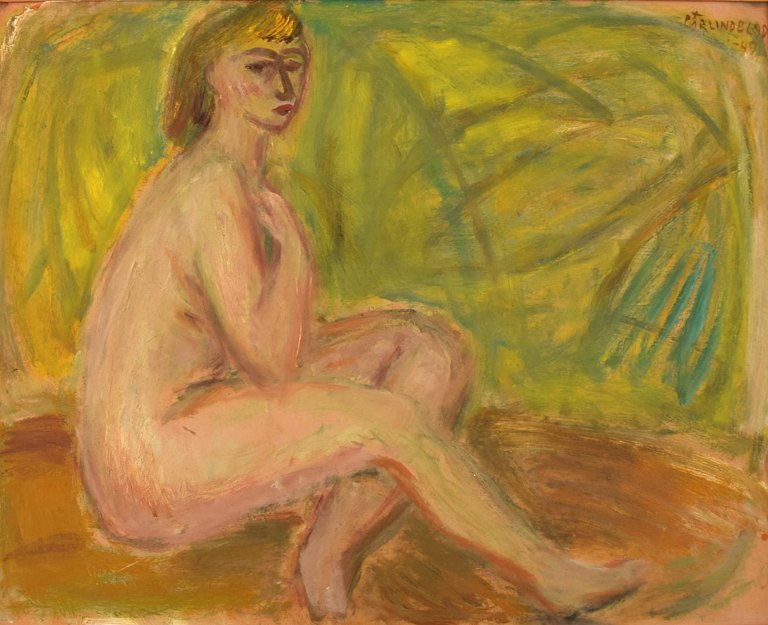 Pär Lindblad (f. 1907, d.1981), svensk kunstner. Olie på plade. "Modell". Nøgen 
kvinde. Dateret 1949.
