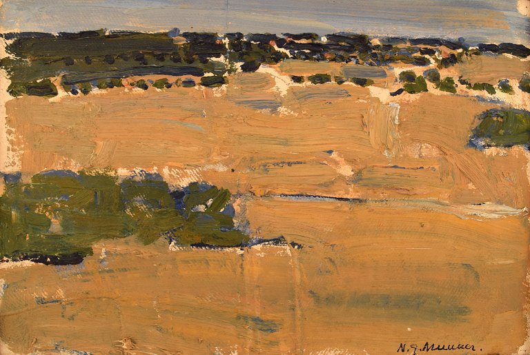Nils-Göran Brunner (1923-1986). Swedish painter. Oil on board. Modernist 
landscape. 1950/60