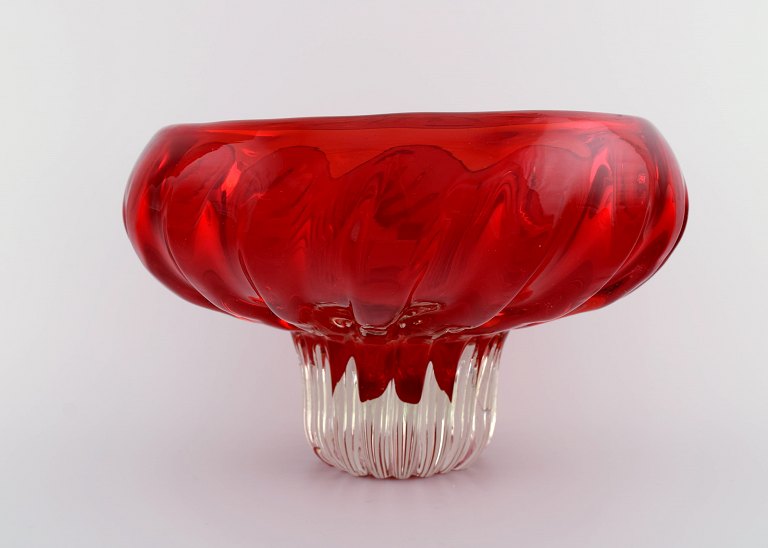 Large Murano bowl on foot in red and clear mouth blown art glass. Italian 
design, 1960