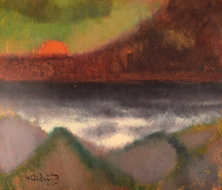 Knud Horup (1926-1973), Danmark. Olie på lærred. Modernistisk landskab med 
solnedgang. 1960