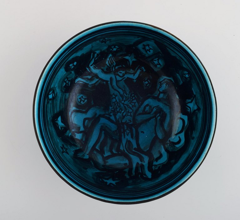 Jais Nielsen for Royal Copenhagen. Unique bowl in glazed ceramics with 
hand-painted scenes from the old testament. Dated 1950.
