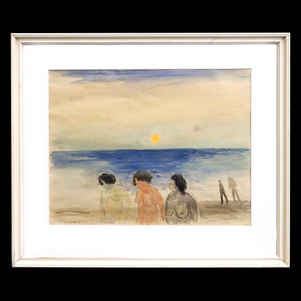 Jens Søndergaard, 1895-1957, Aquarell. Frauen am Strand. Signiert und datiert 1947. Lichtmasse: 37x48cm. Mit Rahmen: 57x68cm