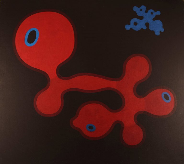 Poul Agger (f. København 1936). Olie på lærred. "Rød form". Abstrakt 
komposition. 1970