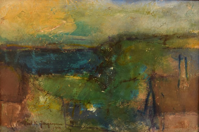 Poul K. Jørgensen, Denmark. Oil on board. Abstract landscape. Dated 1978.
