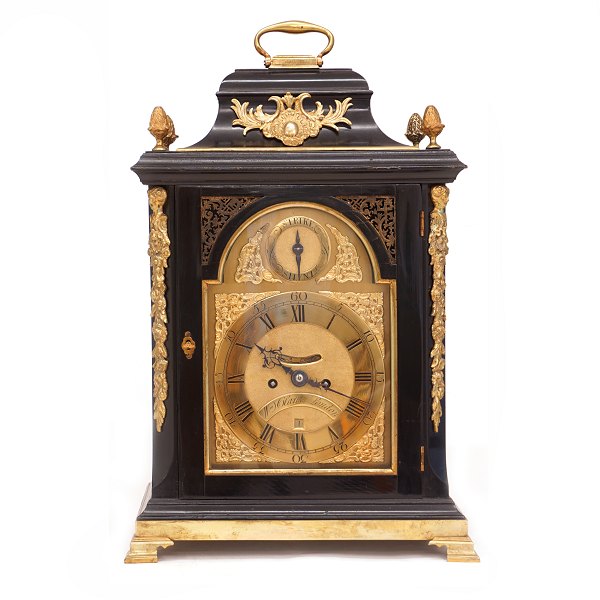 A large black laquered Geroge III bracket clock by William Clarke, London, circa 
1760. H: 58cm. W: 38cm. D: 24cm