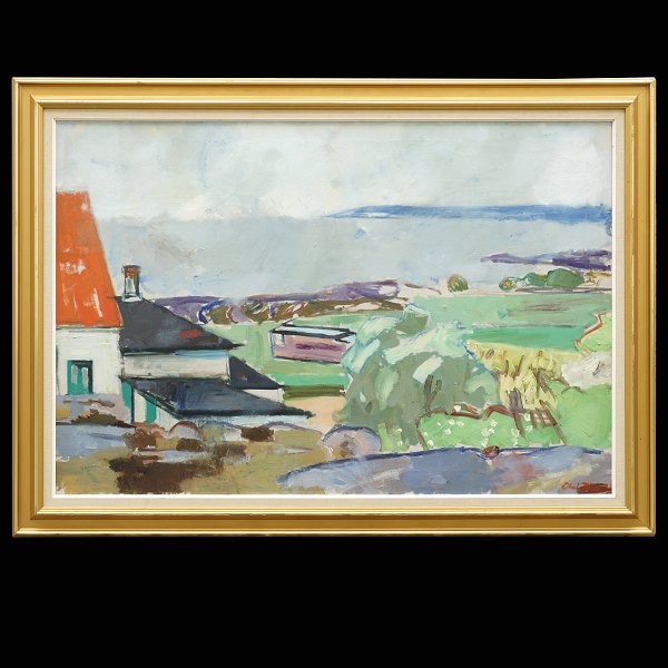 Olaf Rude, 1886-1957, Öl auf Leinen. Aussicht aus dem Atelier des Künstlers, 
Allinge, Bornholm. Signiert. Lichtmasse: 88x129cm. Mit Rahmen: 108x149cm