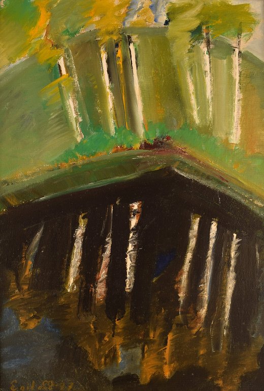 Egil Carlsson (b. 1920), Sweden. Oil on canvas. Modernist park landscape. Dated 
1977.
