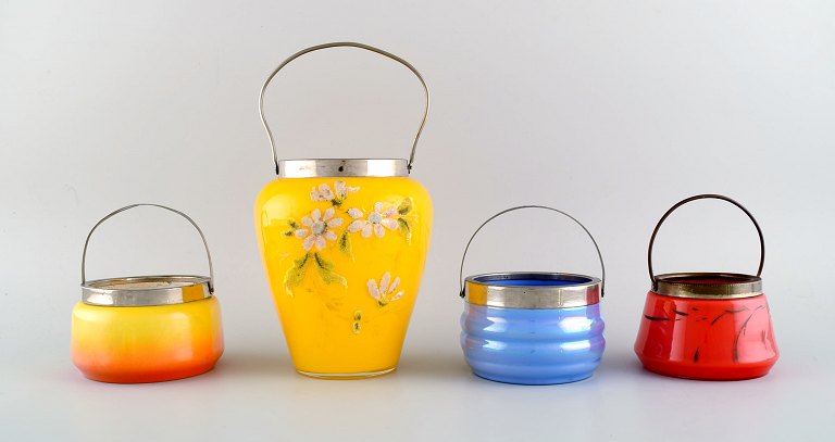 Four antique biscuit buckets in mouth-blown opal art glass. Approx. 1900.
