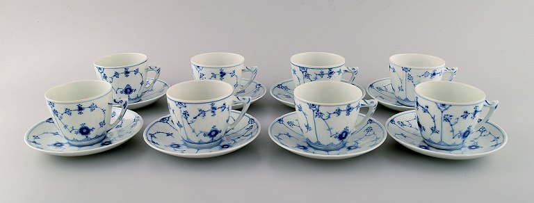 Eight Bing & Grøndahl blue fluted coffee cups with saucers. Model number 305. 
Mid 20th century.
