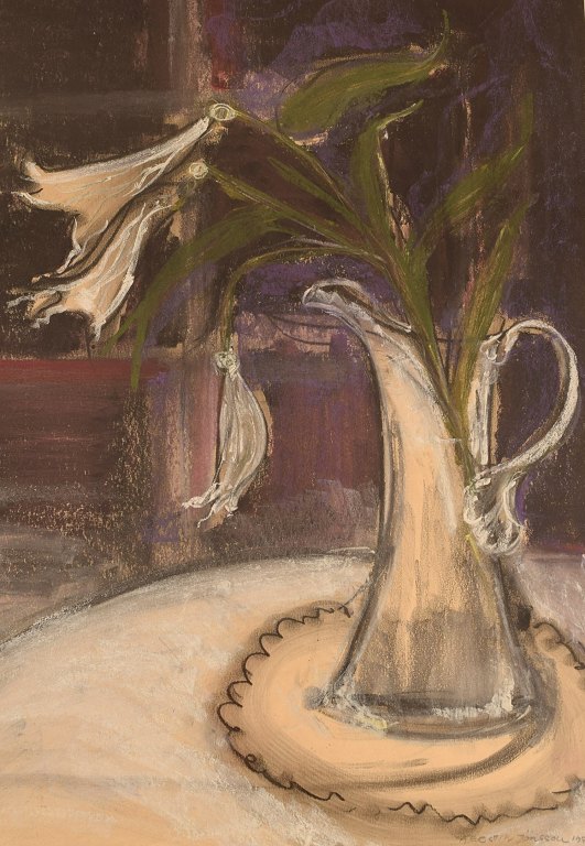 Kerstin Jönsson (1931-2000), Sverige. Pastel på papir. "Liljer i kande". Dateret 
1975. 
