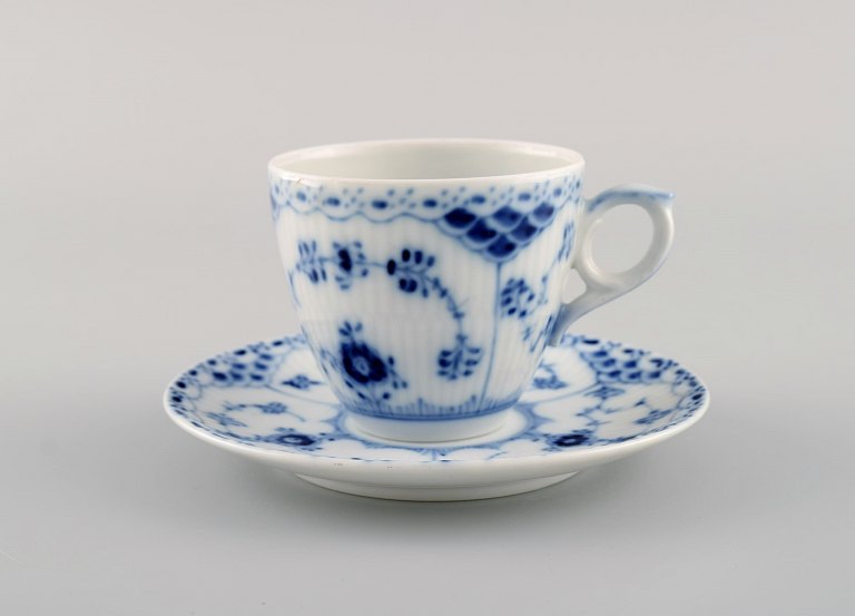 Royal Copenhagen Blue Fluted Half Lace coffee cup with saucer. 1980s. Model 
number 1/528.