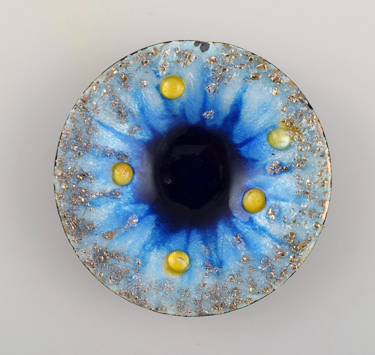 Camille Fauré for Limoges, France. Art nouveau bronze bowl in enamel work. 
Yellow art glass stones inlaid on blue background. Ca. 1910.
