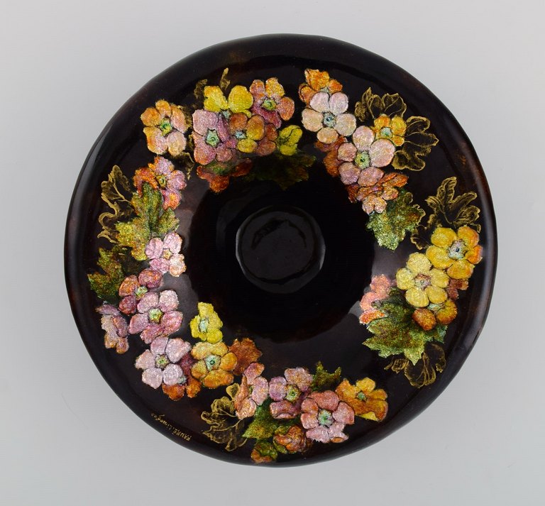 Camille Fauré for Limoges, France. Art nouveau bronze bowl in enamel work with 
flowers. Approx. 1910
