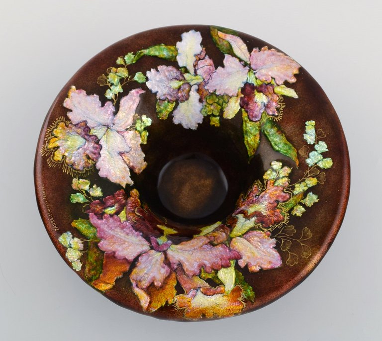 Camille Fauré for Limoges, France. Art nouveau bronze bowl in enamel work with 
flowers. Approx. 1910
